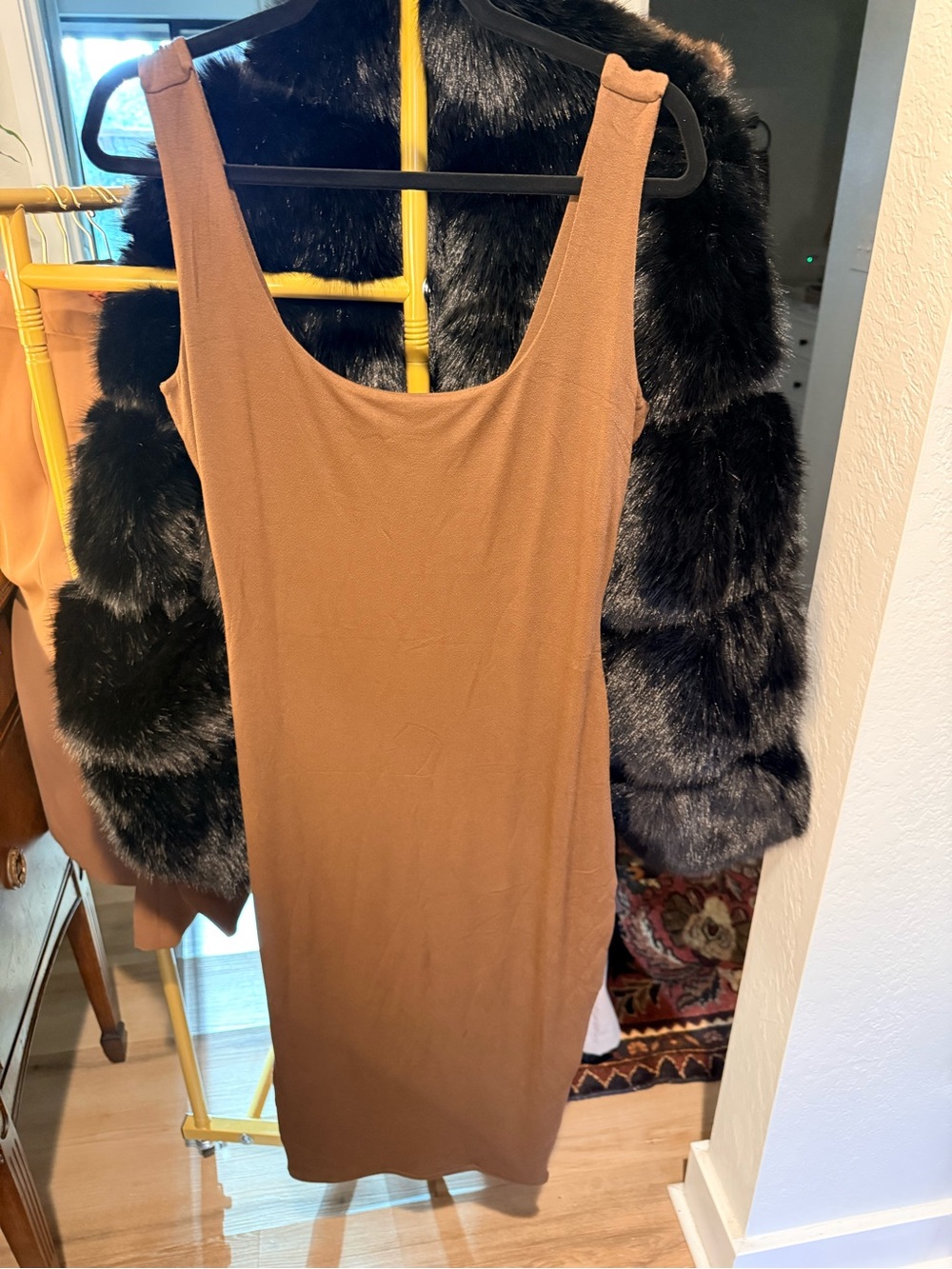 naked wardrobe Scoop Neck Midi Bodycon Dress in Brown